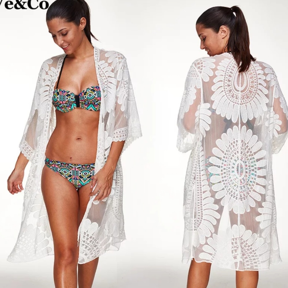 Sheer Soft Kimono Cotton Embroidered Beach Cover - Picture 3 of 8